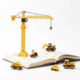 photograph of a book being put together by a toy construction crew. Toy crane. white background, studio photography