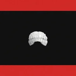 a lone pair of white teeth in the centre, black background, red bars at the top and bottom, album cover