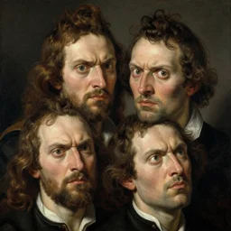 four human heads fused together, very angry expression, painted by rembrandt