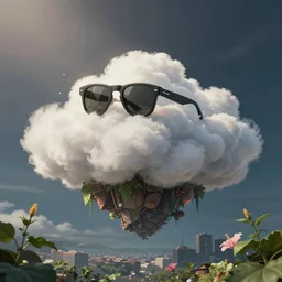 city in the sky, flying island, white fluffy cloud, monocular, volumetric light, leaves foliage and stems, hibiscus flowers, alexander mcqueen, rim light, studio ghibli 8 k