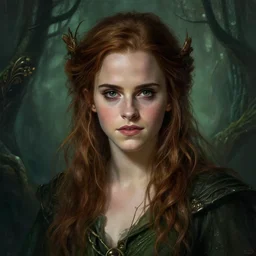 mindblowing portrait of emma watson as a swamp witch, deep focus, d & d, fantasy, intricate, elegant, highly detailed, digital painting, artstation, concept art, matte, sharp, illustration, hearthstone, art by artgerm and greg rutkowski and alphonse mucha