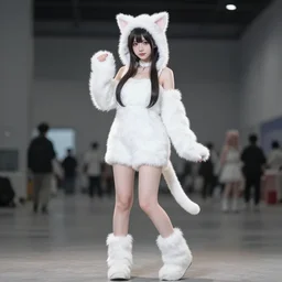 full body aesthetic photograph of a beautiful young japanese woman in a furry white cat costume, cosplay, by Nick Knight, realistic, photorealistic, HD, 4k resolution
