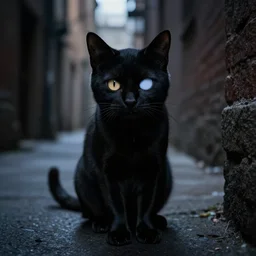 black cat with one eye, in a back alley, scary, cinematic lighting by tim burton