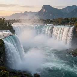 cascade of multiple gigantic niagara falls, epic mountains in the background, early dawn, fantasy illustration, matte painting, concept art, low angle shot, volumetric lighting, volumetric atmosphere, morning mist, art by james gurney, unreal engine 5, 8 k