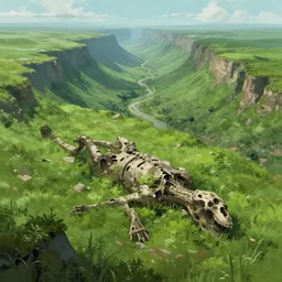 the remains of a dead giant laying across a valley, concept art, natural, plains, green overgrown, fantastical
