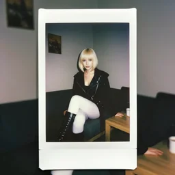 Platinum-blonde-haired hime-cut blue-eyed French empress wearing white leggings, black jacket, boots, sitting in public housing apartment, Polaroid photo