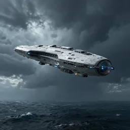 an alien ship flies high above a stormy ocean, sci-fi concept art, unreal engine 3d
