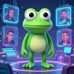 futuristic pepe the frog, cyberpunk, vaporware, digital computer world, neon, dylan kowalski, marat zakirov, albert ramon puig, trending on artstation, 8 k