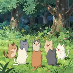 anime fine details portrait of joyful cute cats play in nature, trees, green meadows at night, bokeh. anime masterpiece by Studio Ghibli. 8k, sharp high quality classic anime from 1990 in style of Hayao Miyazaki