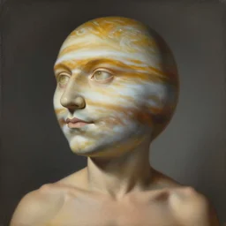A detailed surrealism painting of a man with a head looking like Jupiter