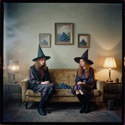 kodak portra 4 0 0, wetplate, award - winning colour portrait : occult dadcore wizards and momcore witches vacation in a 1 9 6 0 s room, 1 9 6 0 s couch, blueberry, square picture frames, haze, concrete, shining lamps, 1 9 6 0 s metal furniture, smoke, fog