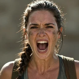 a film still of lara croft screaming, her face muddy and sweat, direct sun light, close up potrait, cinematic,