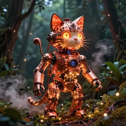A glowing electrical Steampunk cat robot, james gurney, cinematic lighting, lots of steam and sparks, wires made of copper, artstation, vibrant nature, Tuomas Korpi, tekkon kinreet, volumetric light, artstation, , octane render, redshift render, low angle camera, rich deep moody colors