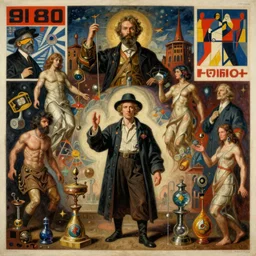 unique character with alchemical artifacts around, monumental painting by gerrit van honthorst and hajime sorayama and el grecco, illusion surreal art, highly conceptual figurative art, intricate detailed oil illustration, controversial poster art, polish poster art 1 9 8 0