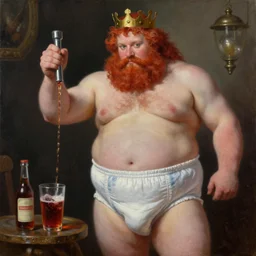 the red haired male cider king with a diaper suit on makes his cider, oil on canvas, huge diaper, highly detailed, trending on artstation, sharp focus