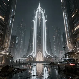 concept art, octane render, a brooding, decrepit dystopian city, reflections, volumetric neon lighting, dramatic, white neon glow, 8 k, ultra - hd, insanely detailed and intricate, hypermaximalist, brutalist habitat 6 7, elegant, ornate, by gerald brom, by syd mead, akihiko yoshida, doug chiang, cinematic