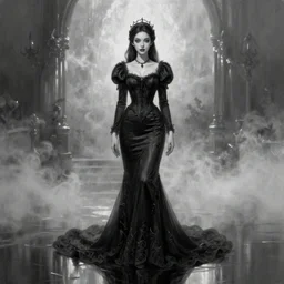ultra realist soft painting portrait of a beautiful gothic princess in a full long curvy slim dress in the world of Lovecraft, Disney style, very intricate details, ultra dense fog, golden ratio, volumetric black and white lighting, reflections, refractions, symmetry accurate anatomy features, unreal render