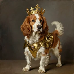 a portrait of a Light brown and white kooiker dog, with a golden armor and a crown, oil painting in a renaissance style , very detailed, painted by Artemia Gentileschi , Caravaggio, Titian, Rembrandt.