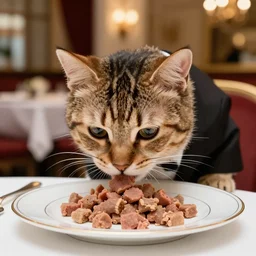 a high quality closeup shot of a cat in a suit eating a plate of cat food at a fancy restaurant