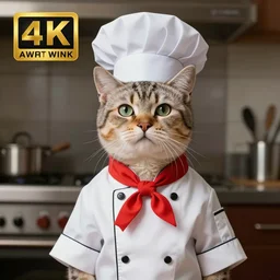photo of a cat wearing a chef suit and chef hat proudly posing for a portrait. extremely detailed. beautiful. 4 k. award - winning.