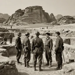 ultra detailed photorealistic sepia - toned photo from 1 9 1 7, a small group of british soldiers standing at an archaeological dig site in wadi rum, ultra realistic, painted, intricate details, lovecraft, atmospheric, dark, horror, brooding, highly detailed, by clyde caldwell