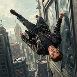 movie poster of an android falling off a large windowed building in a muddy cyberpunk city, muted colors, anime, futuristic, highly detailed, octane render, movie poster, wearing a leather trench coat, realistic face details, realistically proportioned face, illustration, digital painting, matte painting, good value control, rule of thirds, in the style of into the spider - verse