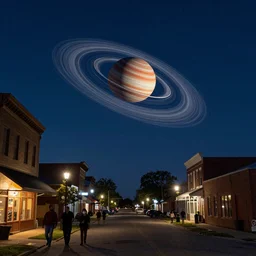 a tiny solar system whirls at high speed above the people walking on main street in a small, dark, kansas town at midnight
