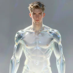 portrait of a beautiful young fit man, body made of glass, shiny reflective surfaces, luminous scene, by greg rutkowski and alphonse mucha, d & d character, gradient white to silver, in front of an iridescent background, highly detailed portrait, digital painting, artstation, concept art, smooth, sharp focus ilustration, artstation hq