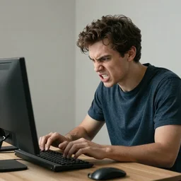 the angriest man in the world typing on a computer