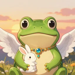 Portrait of a cute elegant Toad with angelic white wings on her back, holding a magical rabbit, luxurious neckless, sunset, warm spring, slim face, detailed face, centered close-up, fantasy, anime, vibrant, colorful, depth of field, intricate details, trending on ArtStation, Deviantart, by WLOP
