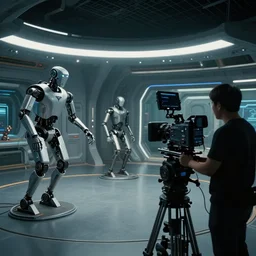 vfx film, behind the scenes, on location, set design, making of, big film production, camera operator filming futuristic tesla humanoid robots, high tech space ship interior, flat color profile low - key lighting award winning photography arri alexa cinematography, hyper real photorealistic cinematic, atmospheric cool colorgrade