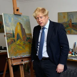 boris johnson as artist, standing in front of easel and canvas in his art studio, in the style of ed binkley, tim hildebrandt