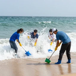 A group of cleaners trying their best to hold back and stop waves from crashing into the beach