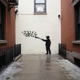photo of a secluded cozy alleyway in New York City, wet pavement, graffiti by banksy on the wall, award-winning magazine photography