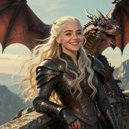 closeup portrait of happy beautiful daenerys targaryen leaning against dragons, long blonde windblown hair and dragonskin armor, standing on a ledge of a mountain, glamour pose, detailed illustration, digital art, trending on artstation, soft ambient lighting, volumetric lighting, rim lighting, yoshitaka amano, alphonse mucha, arney freytag, maxfield parrish, new art nouveau