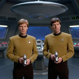 film still from Star Trek Next Generation with Mike Stoklasa and Rich Evans holding phasers as crew on the bridge of the USS Enterprise, 4k