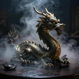 photograph of asian dragon in a smoke vapor filled dark table with cinematic look, volumetric lighting dslr photo