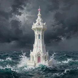 a delicate ornate white fantasy tower with pink and green decoration splashes upwards from a turbulent stormy ocean, dramatic lighting, rich colors, beautiful painting by rhads and artgerm