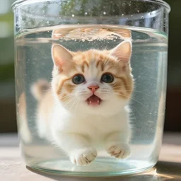cute happy pet cat fish hybrid swimming in a glass of water, sun shining through the glass, award - winning pet photography, soft lighting, ultra detailed, dslr, cinematic, volumetric lighting, 8 k resolution, photorealistic