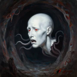 painting by greg rutkowski of a flying human head and face that is chalk white in color crying, with long tentacles coming of the neck, red eyes, flying in a terrying hell like cavernous place