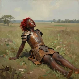landscape, portrait painting beautiful realism, an african girl red hair in wood armor who was sprawled out was about to rise, his face covered in blood. cinematic scene, good lighting, fine art, trending on artstation, smooth draw, sharp focus.