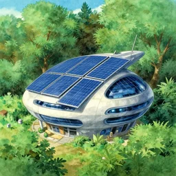 futuristic solar panels on futuristic house in the forest, studio ghibli, watercolor