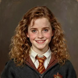 Painting of Emma Watson as Hermione Granger. Smiling. Happy. Cheerful. Art by william adolphe bouguereau. Extremely detailed. Beautiful. 4K. Award winning.