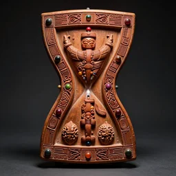 an hourglass shaped walnut board with heavily carved ruts and multicolered beads fastened to it, vintage, antique, tribal patterns, tailsman, voodoo