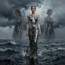 3 d, rain, ocean storm, water fashion model, liquid hot metal and black water, poster art, high detail, intricate oil painting, multiple exposure, heaven mood, hyperrealism, 3 d, by tooth wu and wlop and beeple and greg rutkowski