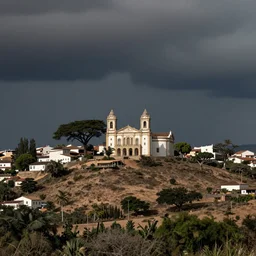 an italian town on a hill, in the midst of the desert of brazil. italian architecture, huge tropical trees, dark, atmospheric, stormy weather, gustave dore 1 8 6 5