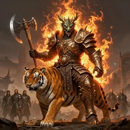 fantasy character portrait, orc king in spiky armor with aura on fire, wearing a dragon mask, sitting on tiger cavalry, holding an axe, ultra realistic, wide angle, intricate details, long shot, highly detailed by peter mohrbacher, hajime sorayama, wayne barlowe, boris vallejo, aaron horkey, gaston bussiere, craig mullins