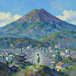 tiny god in front of a japanese city in the mountain. cyberpunk. beautiful blue sky. gorgeous epic nature, lofi, vivid colors, amazing light, by jeremy lipkin, by claude monet, heavily inspired by makoto shinkai, inspired by ghibli, masterpiece, multiple brush strokes, impressionist style