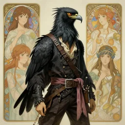 concept art painting of a harpy with black feathers, androgynous, pirate clothes, detailed, realistic, cel shaded, in the style of makoto shinkai and james gurney and alphonse mucha and greg rutkowski and artgerm