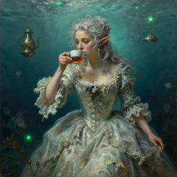 a 1 8 th century, messy, silver haired, ( ( ( mad ) ) ) elf princess ( look like ( ( young kate winslet ) ) ), dressed in a frilly ( ( ragged ) ), wedding dress, is ( ( drinking a cup of tea ) ). everything is underwater! and floating. greenish blue tones, theatrical, ( ( green lights ) ) fantasy oil canvas by jakub rozalski, jan matejko